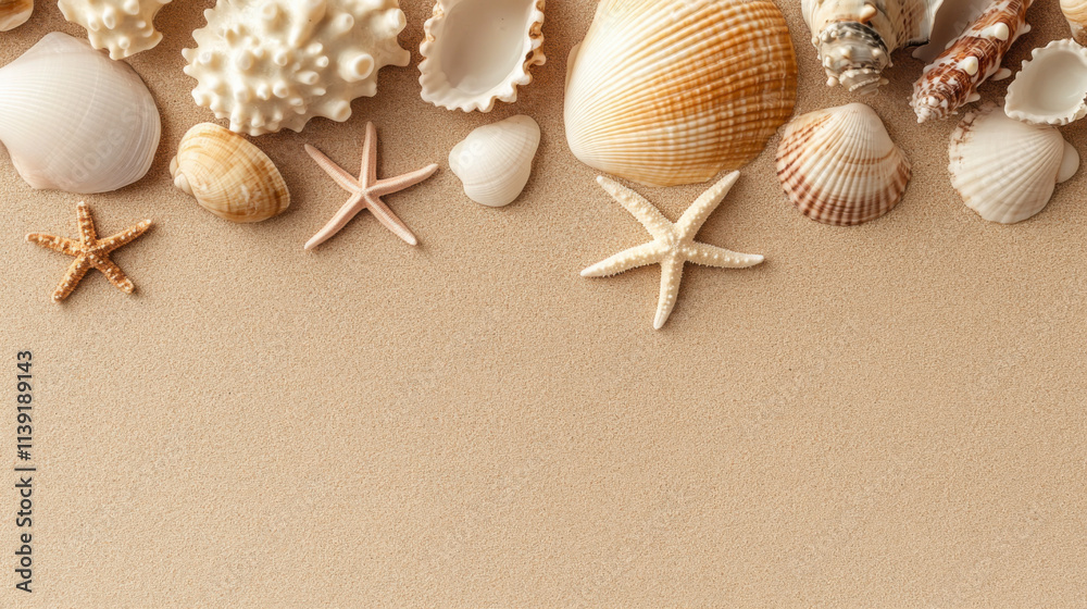 Top view of a sandy beach with collection of exotic seashells and starfish Top view of a sandy beach with collection of exotic seashells and starfish