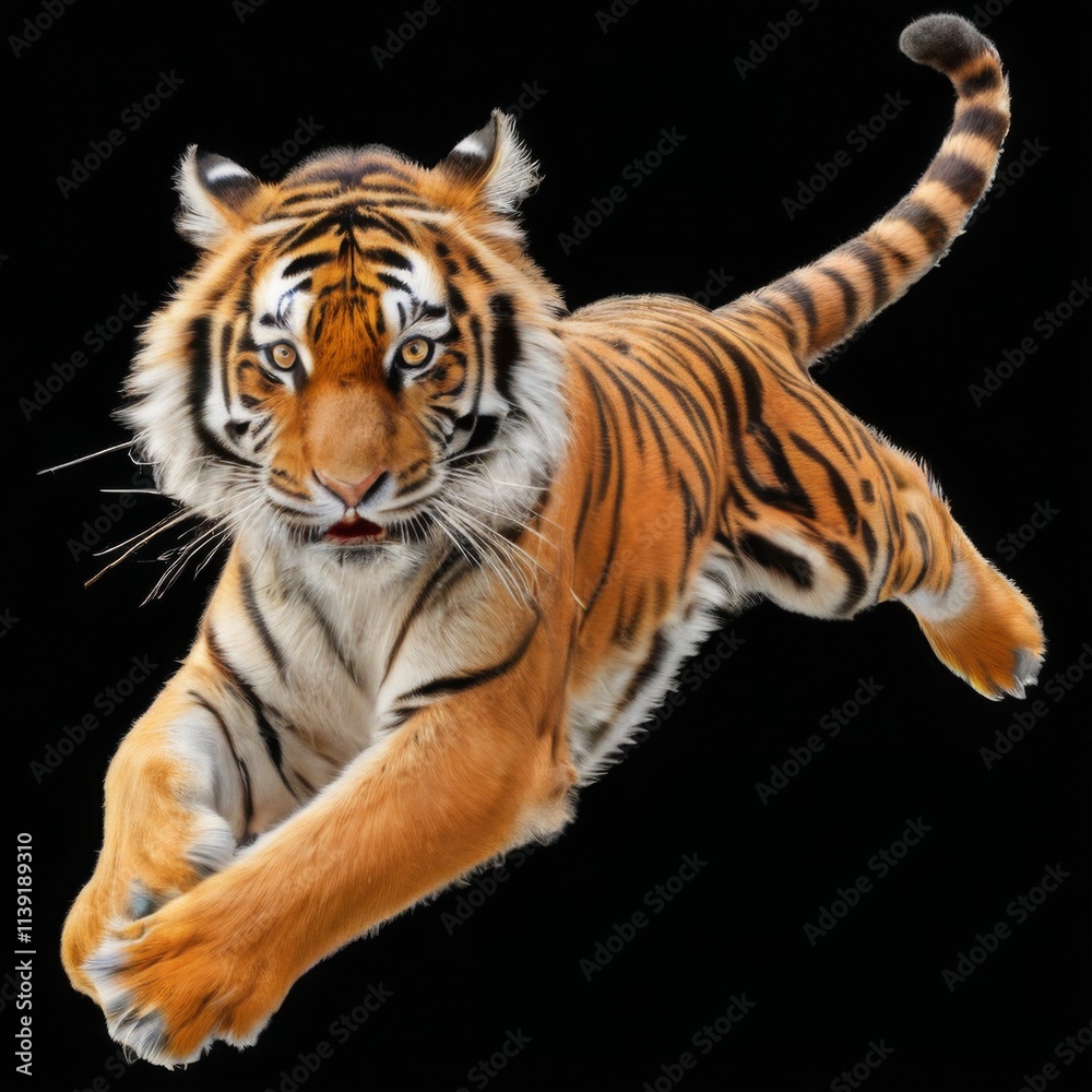 Fototapeta premium Powerful digital illustration of a running tiger, showcasing its beautiful orange fur, black stripes, and intense expression against a black background.