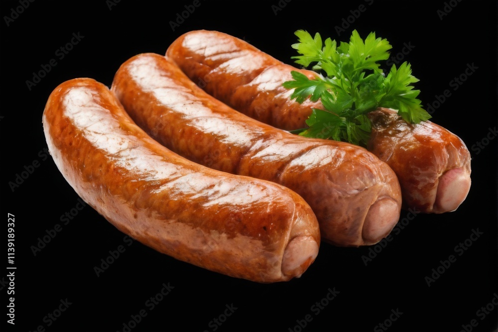 Gourmet Sausages on Black Background with Fresh Parsley Garnish Gourmet Sausages on Black Background with Fresh Parsley Garnish