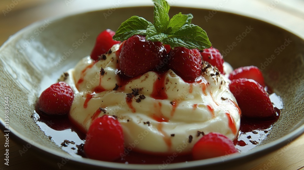 Creamy yogurt dessert topped with fresh strawberries and mint. Perfect for menus, blogs, or articles on desserts and healthy eating.