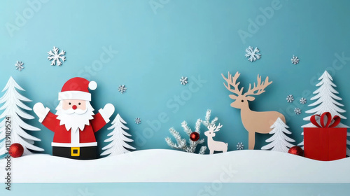 Whimsical Paper Craft Santa Claus and Reindeer Scene in Snowy Landscape