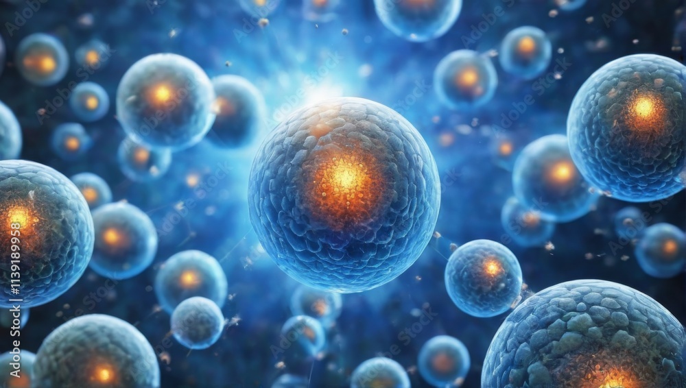 Diverse cellular spheres in chaotic arrangement interacting with floating orange cell on starry night sky background. Diverse cellular spheres in chaotic arrangement interacting with floating orange cell on starry night sky background.