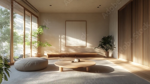Minimalist Japanese-inspired living room with a small indoor pond and stones in the corner 