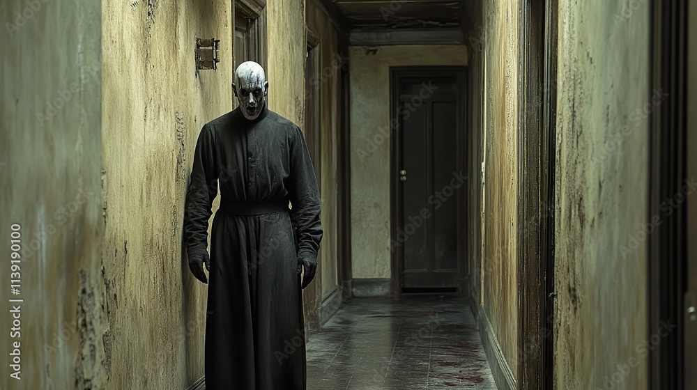 Naklejka premium A terrifying figure in a dark hallway. A horror scene.