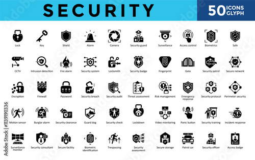 Security icons set with lock, key, shield, alarm, camera, security guard, surveillance, access control, biometrics, safe icon. Simple glyph vector 
