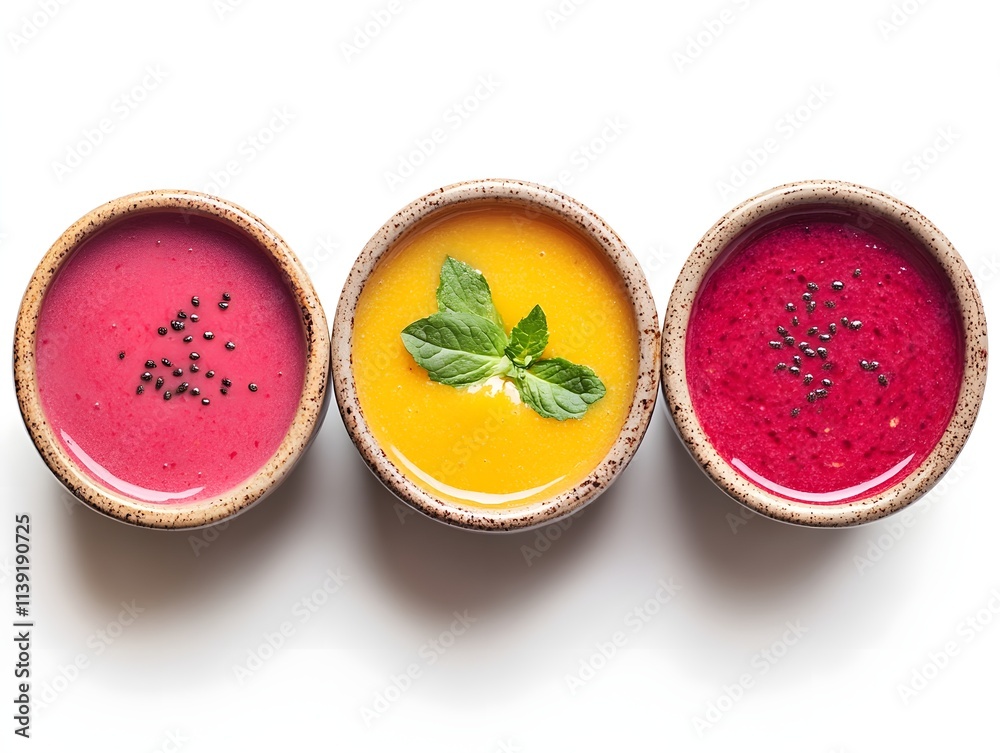 Three Colorful Smoothies in Small Bowls Three Colorful Smoothies in Small Bowls