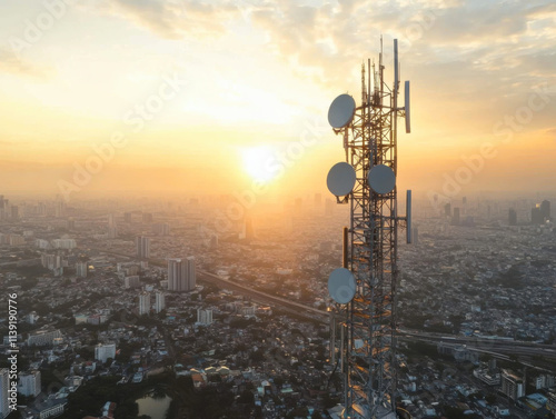 Telecommunication tower cellular network antenna on city background photo