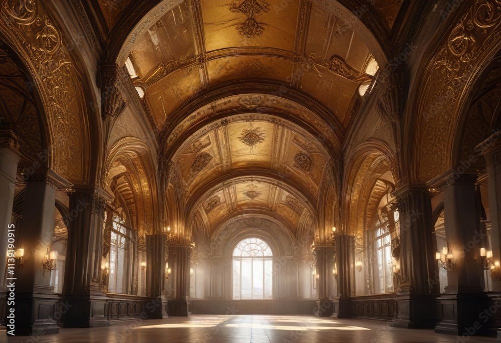 Fototapeta premium Grandiose vaulted ceiling with golden accents and ornate details, architecture, ceiling, grand
