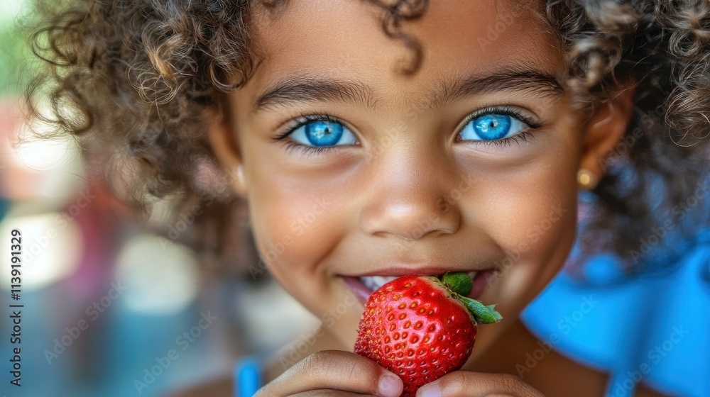 Adorable girl with vibrant blue eyes and curly hair, eating a strawberry. Captures childlike joy and healthy eating habits, perfect for food or children's themes. Adorable girl with vibrant blue eyes and curly hair, eating a strawberry. Captures childlike joy and healthy eating habits, perfect for food or children's themes.