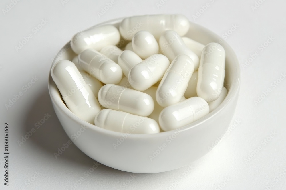 White capsules in a bowl; close-up shot. Illustrates supplements, medicine, or healthcare. White capsules in a bowl; close-up shot. Illustrates supplements, medicine, or healthcare.
