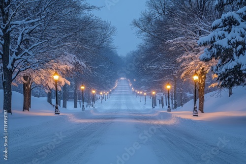 Tree-lined street in Amherst, Massachusetts, illuminated by yellow lamp posts at night, with snow-covered ground and a clear blue sky. photo