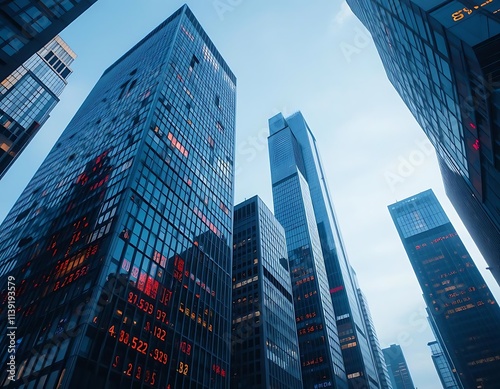 Abstract skyscrapers with stock market tickers overlaying them photo