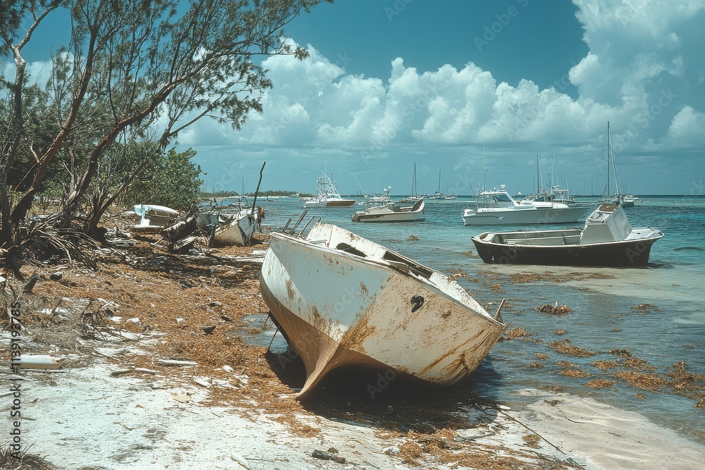 Several boats washed up on the shore after a hurricane in Florida, captured in a wide shot showing the aftermath of the storm. Several boats washed up on the shore after a hurricane in Florida, captured in a wide shot showing the aftermath of the storm.