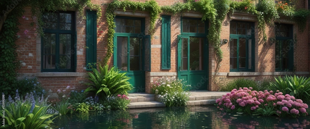 Fototapeta premium Mosaic tile canal house with blooming flowers and lush greenery, landscaping , sunny day
