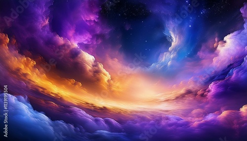 Dreamlike cloudscape in vibrant hues of purple, orange, and blue.