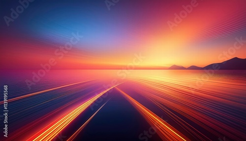 Sunrise over the Horizon: A mesmerizing long-exposure photograph of a vibrant sunrise over a tranquil sea, with the silhouette of distant mountains and a captivating display of light trails.