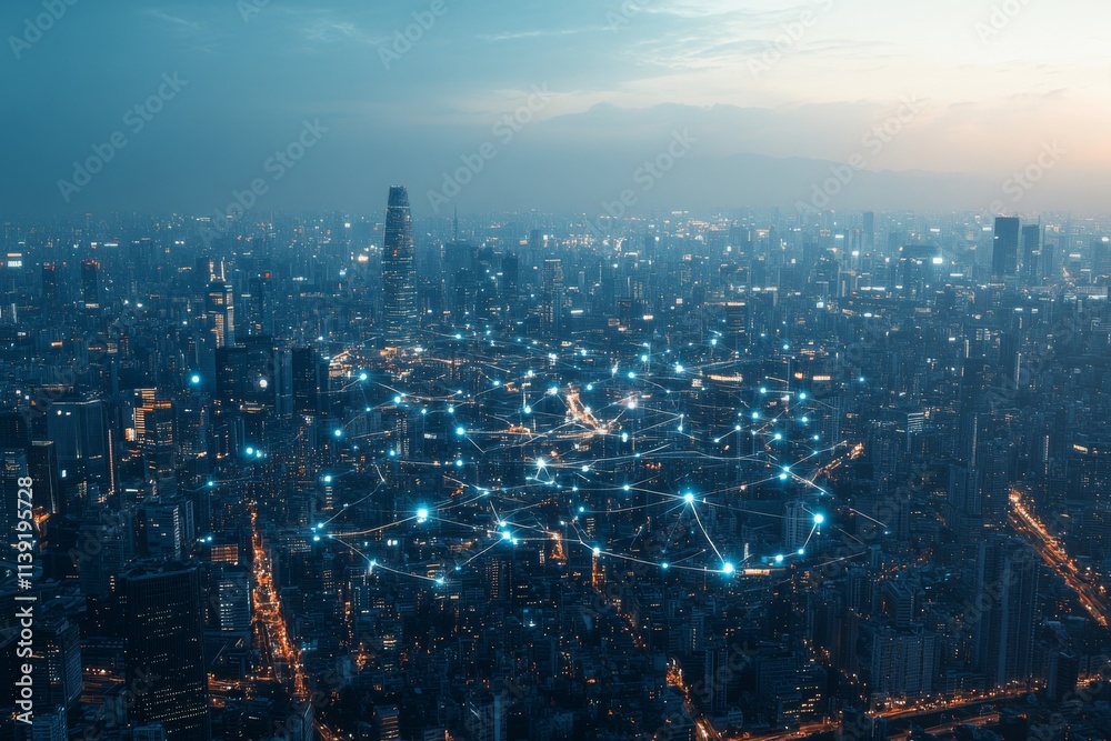 Fototapeta premium Urban Landscape with Digital Network Connections Over City Skyline Showcasing Modern Technology and Advanced Infrastructure in a Dusk Setting