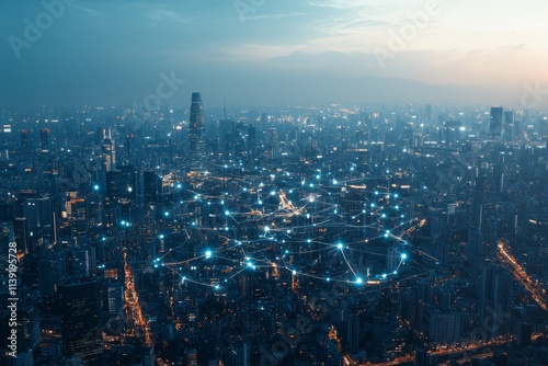 Urban Landscape with Digital Network Connections Over City Skyline Showcasing Modern Technology and Advanced Infrastructure in a Dusk Setting
