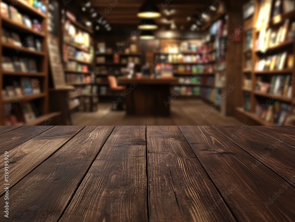 Dark wooden table in blurred bookstore background. Dark wooden table in blurred bookstore background.