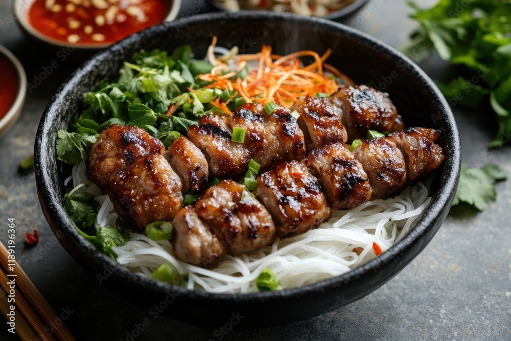 Grilled pork skewers atop rice noodles, garnished with fresh herbs and vegetables. Perfect for illustrating Vietnamese cuisine or a healthy meal. Grilled pork skewers atop rice noodles, garnished with fresh herbs and vegetables. Perfect for illustrating Vietnamese cuisine or a healthy meal.