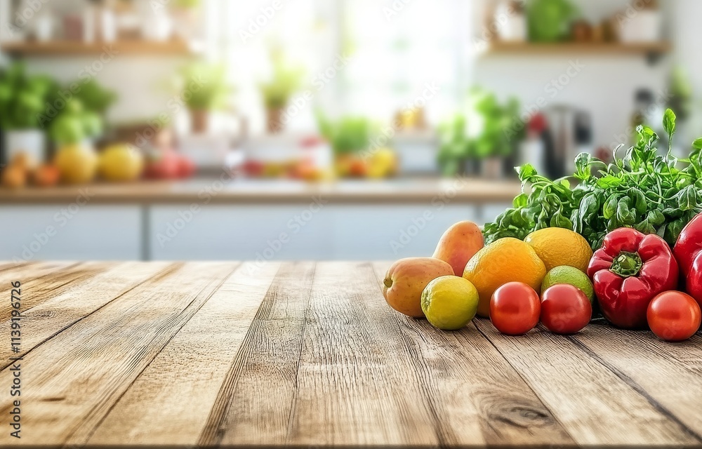 Fresh fruit and vegetables on wooden table in kitchen. Fresh fruit and vegetables on wooden table in kitchen.