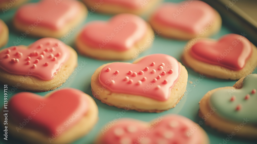 Delicious heart shaped cookies with pink icing and decorative sprinkles Delicious heart shaped cookies with pink icing and decorative sprinkles