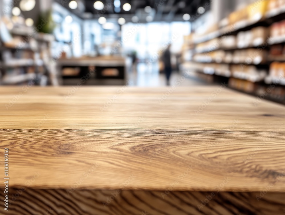 Wooden table in blurred grocery store. (1) Wooden table in blurred grocery store. (1)