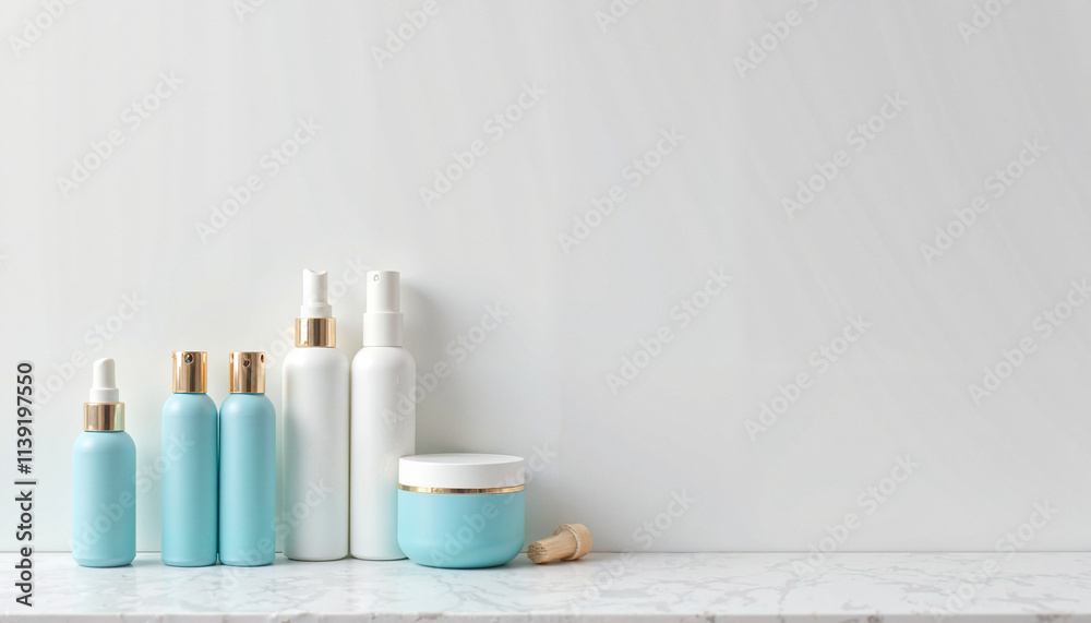 Elegant skincare bottles and jars arranged on a marble surface against a light background Elegant skincare bottles and jars arranged on a marble surface against a light background
