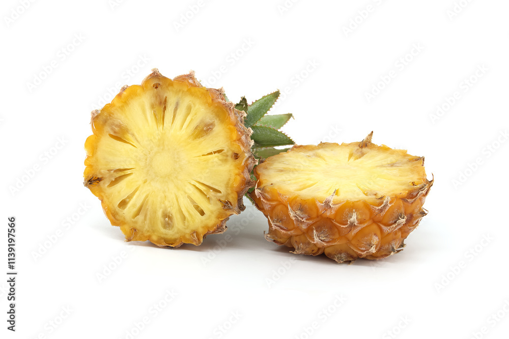 Ripe Pineapple Halves with Detailed Texture Isolated on White Background Ripe Pineapple Halves with Detailed Texture Isolated on White Background