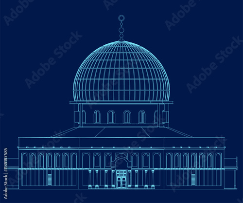 Contour Municipal building with central dome, arched entrances, numerous windows on each floor, vector illustration art