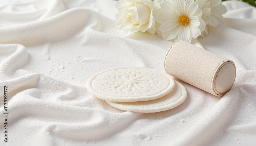 Cosmetic sponges and floral elements arranged on a soft fabric surface Cosmetic sponges and floral elements arranged on a soft fabric surface