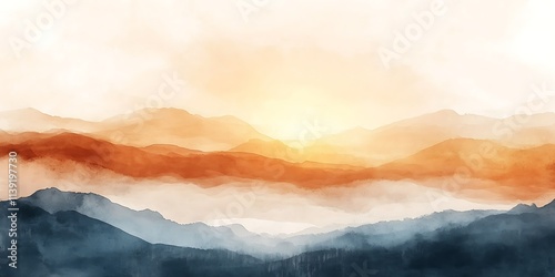 Serene sunrise over misty mountain ranges in warm, hazy colors.