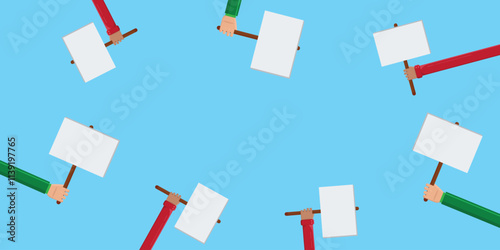 Hands Holding Blank Sign, Hands holding blank protest poster. Cartoon vector illustration. Placard and poster empty, protest announcement board