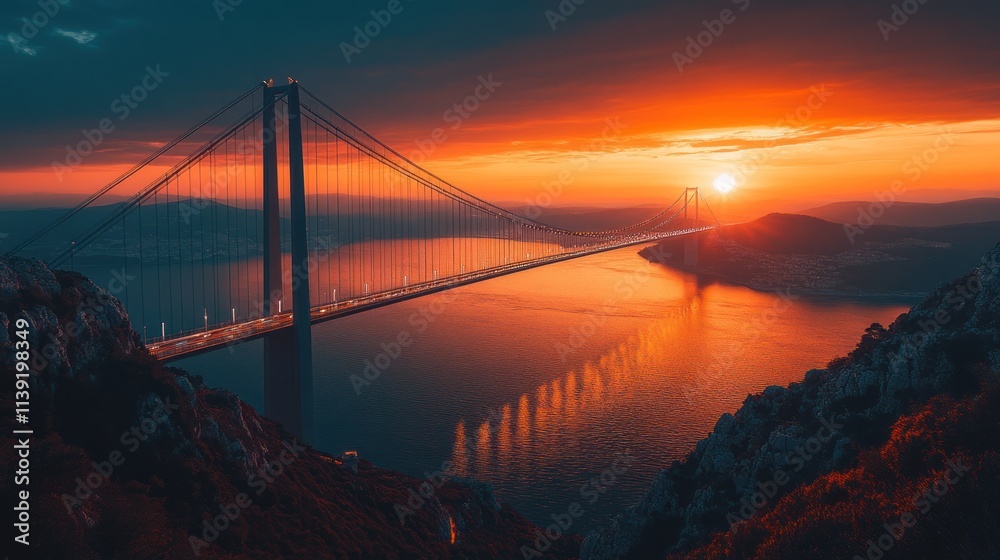 Fototapeta premium A stunning sunset view of a bridge over water, highlighting nature and engineering.