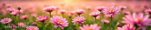 Pink chrysanthemum flowers scattered across a vast meadow, open, flowers