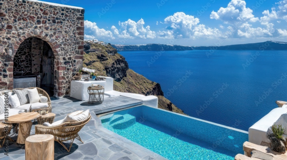 Fototapeta premium A majestic oceanfront cliffside villa with an expansive infinity pool, luxurious terrace seating, and panoramic views of the deep blue sea stretching to the horizon. The stunning setting symbolizes 