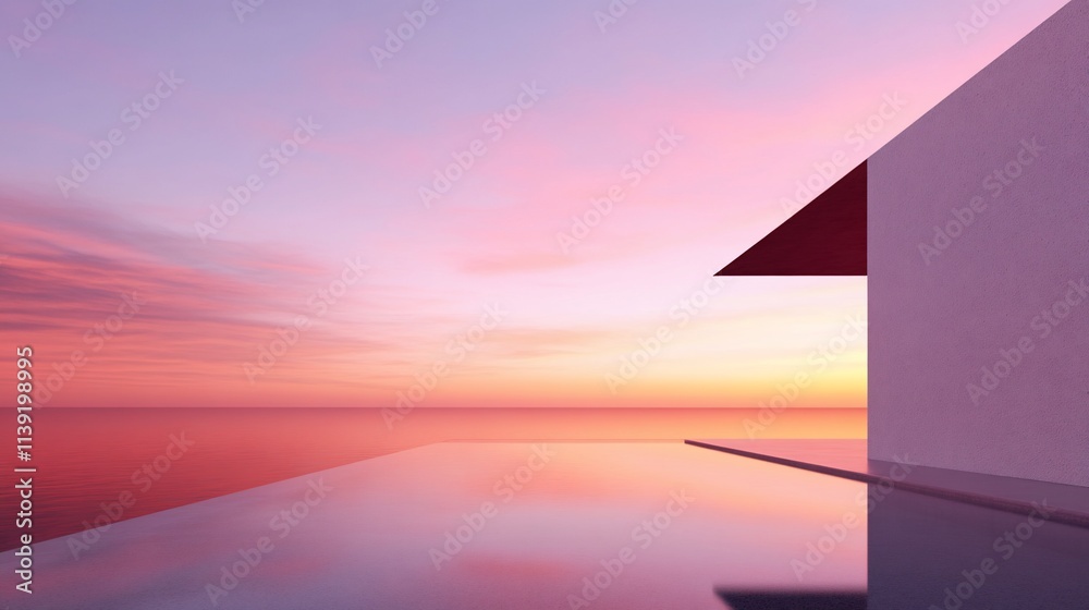 Fototapeta premium Serene sunset over a reflective infinity pool.