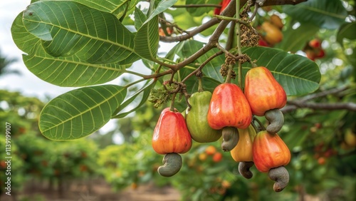 Cashew Apple Seeds Hanging From a Tree Branch in a Vibrant Orchard With Healthy Foliage. Generative AI