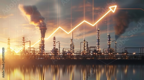 An industrial refinery illuminated during golden hour, overlaid with a glowing upward trend graph symbolizing growth, progress, and economic development. A visual blend of industry and technology. photo