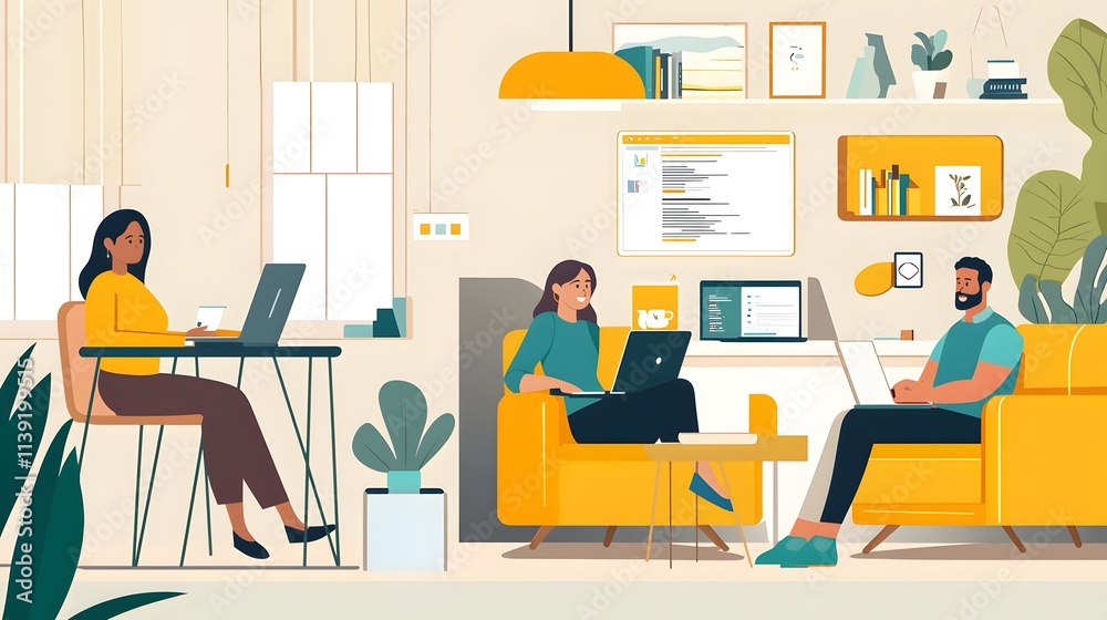 A diverse group of employees participating in a virtual meeting, each working from their home setup A diverse group of employees participating in a virtual meeting, each working from their home setup