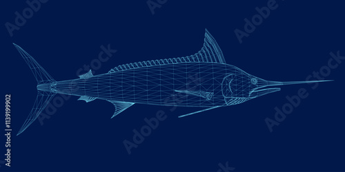 Wireframe marlin fish isolated on blue. Side view. Vector illustration