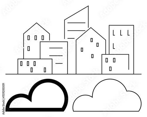 Simple line drawing featuring various geometrically-shaped buildings with windows, above two basic cloud outlines. Ideal for urban planning, architecture, weather forecasting, tech, education