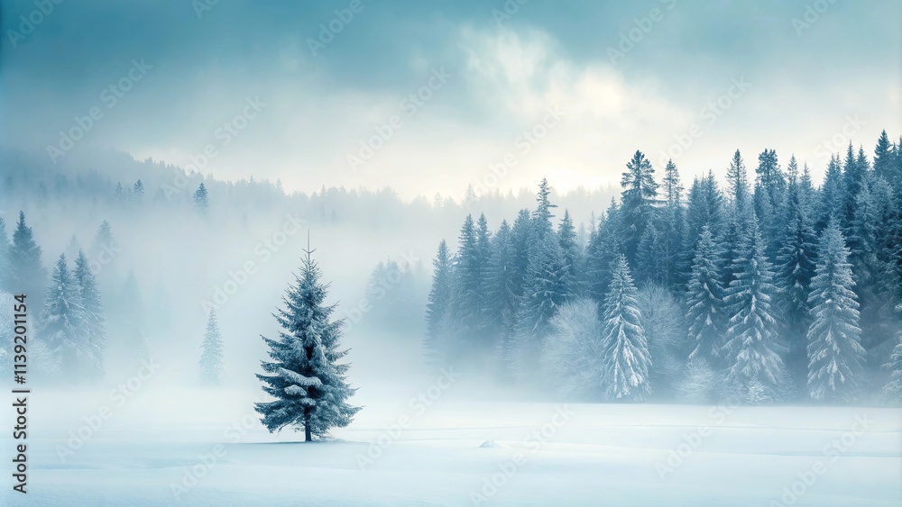 Serene Winter Landscape Lone Evergreen in Foggy Coniferous Forest Serene Winter Landscape Lone Evergreen in Foggy Coniferous Forest