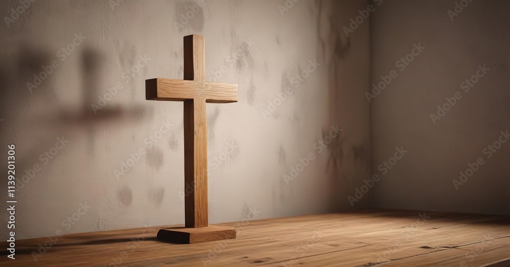 Simple wooden cross in a dimly lit room with faint light shining , eerie ambiance, minimalist decor, dark room Simple wooden cross in a dimly lit room with faint light shining , eerie ambiance, minimalist decor, dark room