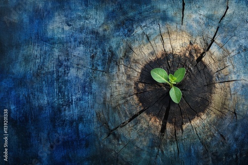 Tiny sprout growing from old tree stump.