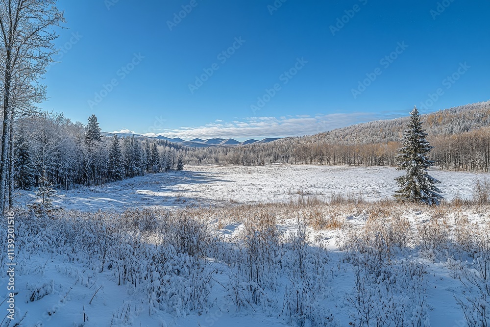 Panoramic winter landscape with snow-covered field, trees, and distant forest under a blue sky, showcasing alpine scenery. Award-winning photography capturing serene beauty. Panoramic winter landscape with snow-covered field, trees, and distant forest under a blue sky, showcasing alpine scenery. Award-winning photography capturing serene beauty.