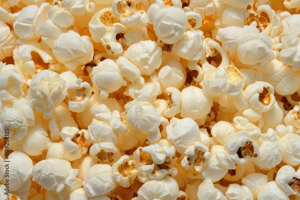 Close-Up of Light and Fluffy Popcorn Kernels Piled Together on a Bright Surface Ideal for Movie Night, Parties, and Snacks in a Fun and Tasty Setting Close-Up of Light and Fluffy Popcorn Kernels Piled Together on a Bright Surface Ideal for Movie Night, Parties, and Snacks in a Fun and Tasty Setting