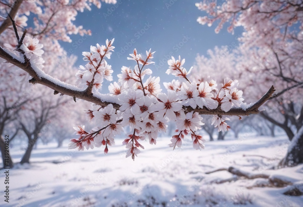 Fototapeta premium Snowflakes gently fall on almond tree blossoms in a frosty winter landscape, snowfall, winter wonderland, almond blossom winter