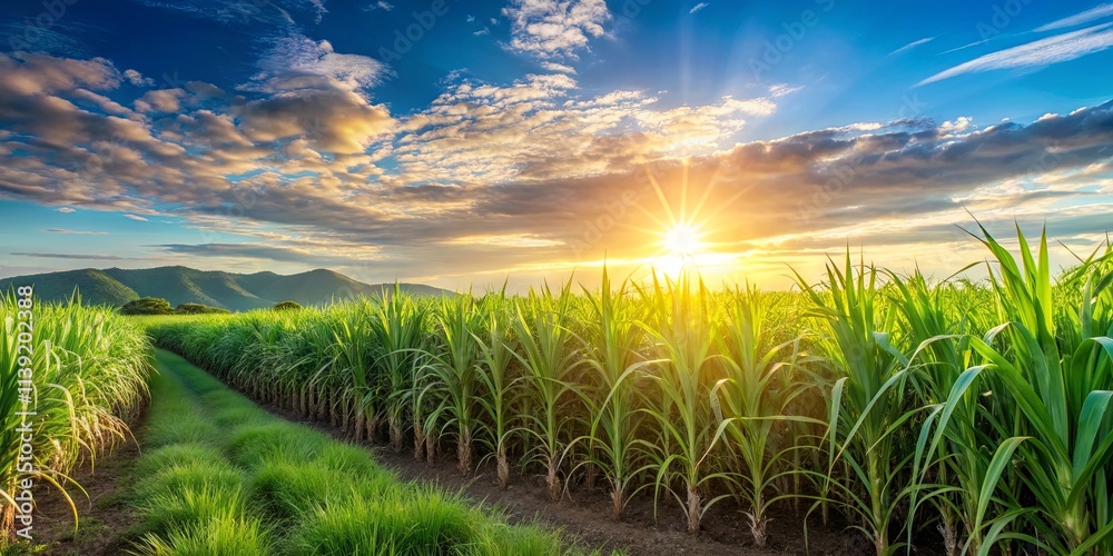 Sunset over a lush sugarcane field with a grassy path Sunset over a lush sugarcane field with a grassy path
