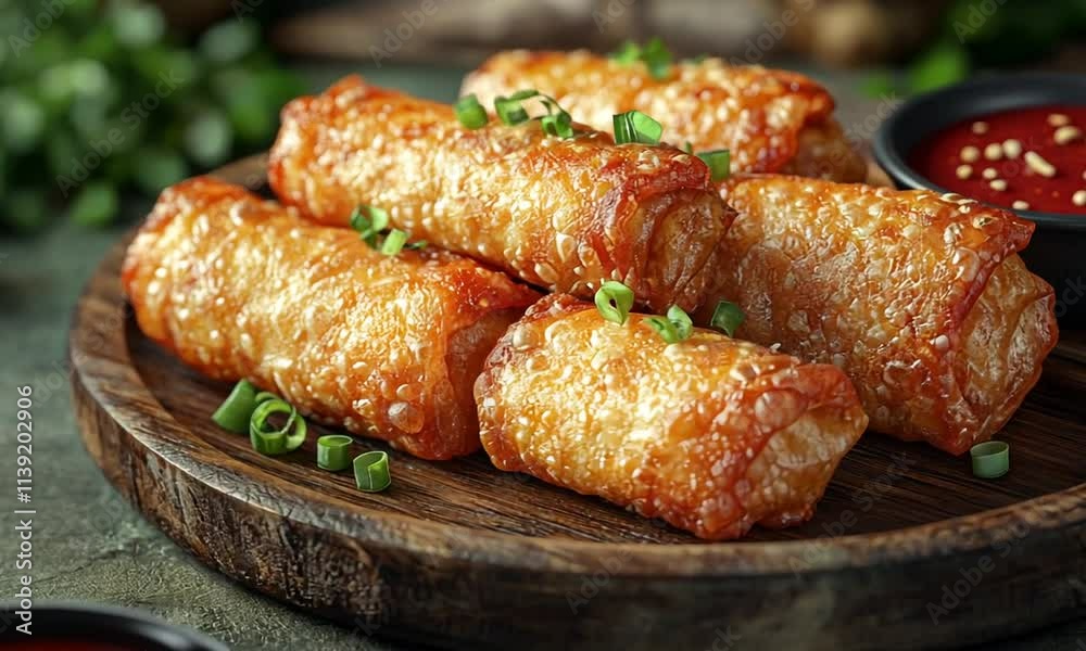 Crispy spring rolls garnished with green onions on a wooden platter with dipping sauce.